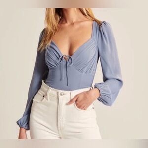Abercrombie & Fitch Blue Long Sleeved Satin Ruched Tie Top